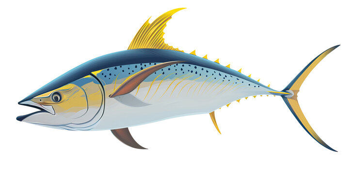 Atlantic yellowfin tuna mid-jump, showing off its streamlined shape and energetic posture against a neutral background