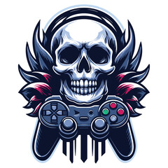Skull gaming with joy stick emblem modern style vector illustration on white background 