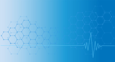 Abstract blue hexagon gradient background with heartbeat, cardiogram. Honeycomb pattern. Futuristic sci-fi style of modern medicine. Copy space