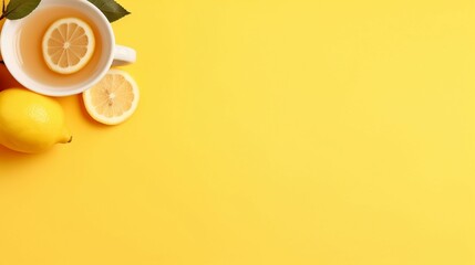 Cozy Autumn Tea Time: Cup, Lemon Slice, and Plaid on Pastel Beige