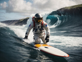 Fototapeta na wymiar Astronaut Big Wave Surfer in Action 