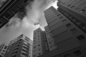 Black and white image of modern apartment building in Las Palmas de Gran Canaria