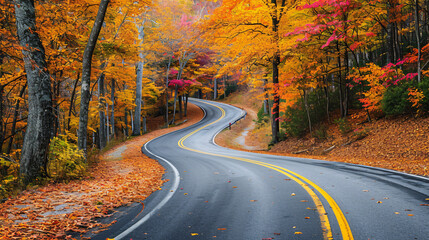 Fototapeta premium Asphalt road in enchanting autumn forest.