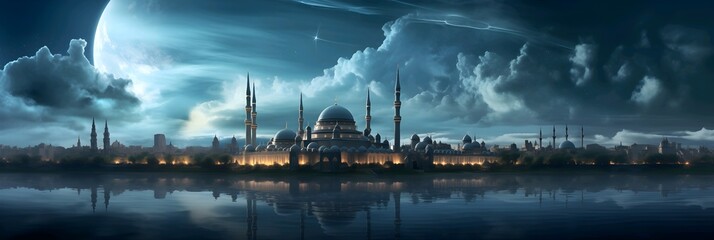 Ramadan kareem. Beautiful mosque landscape with dramatic sky panorama landscape. To celebrate islamic day. Adha, fitr, ramadan, isra mi'raj, islamic new year day, etc