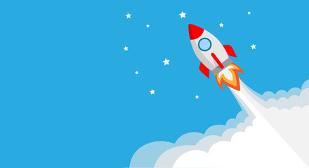 Startup project. Horizontal concept, banner, rocket launch. - obrazy, fototapety, plakaty