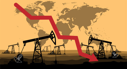 Fototapeta premium Oil price falls down, recession, banner with an arrow and oil rigs on the background of the world map. Economic crisis