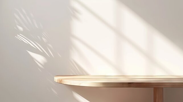 empty Wooden table with shadow planton beige wall, showcases a minimalist interior design. It's perfect for promoting home decor, eco-friendly products, or adding a touch of nature to any project.