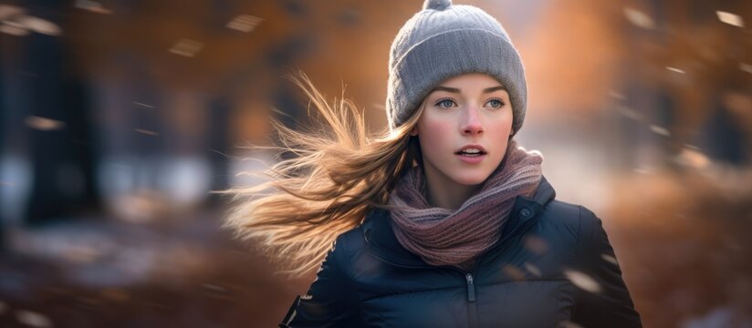 Motion blurred image of a young woman running outdoors in a city park on a chilly fall/winter day.