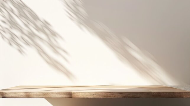 empty Wooden table with shadow planton beige wall, showcases a minimalist interior design. It's perfect for promoting home decor, eco-friendly products, or adding a touch of nature to any project.