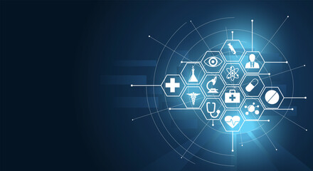 Medical innovation concept background. Health care icons on a blue background.