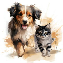 Dog and cat watercolor art white background