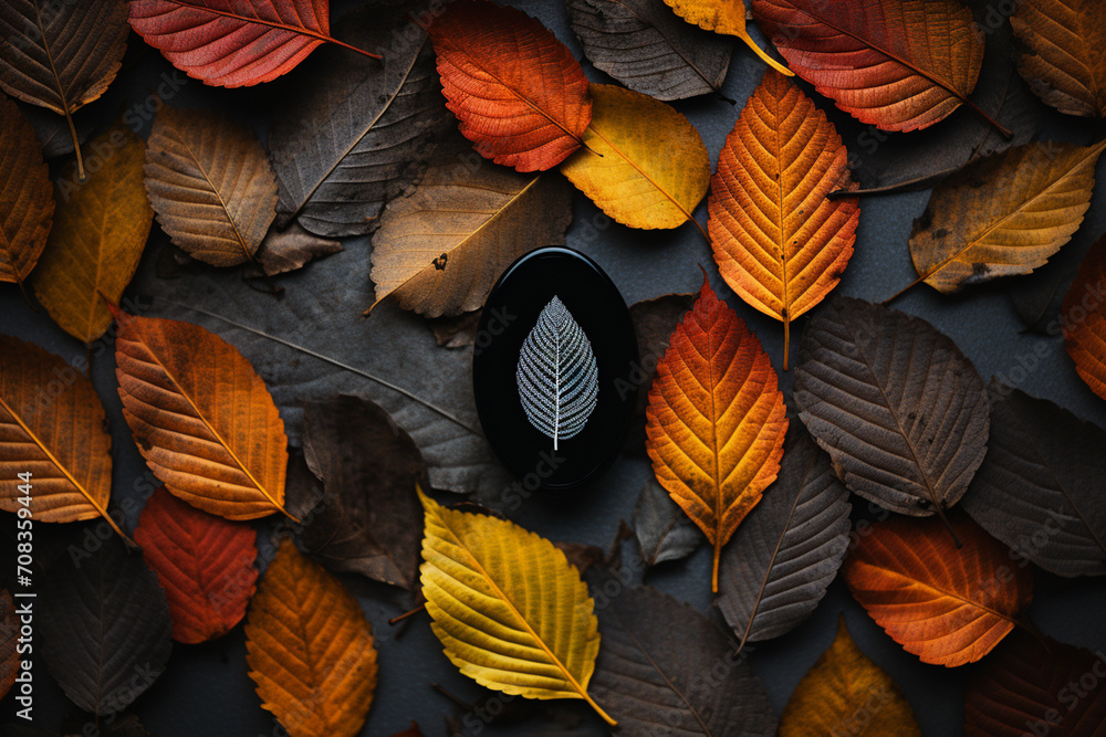 Poster minimalist fingerprint pattern against a backdrop of colorful, autumn leaves.