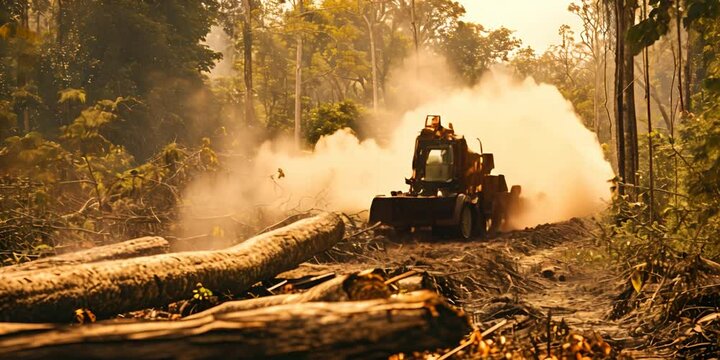 Tropical forest being cleared, an excavator clearing land of vegetation, dust in the air. The concept of deforestation and human impact on nature.