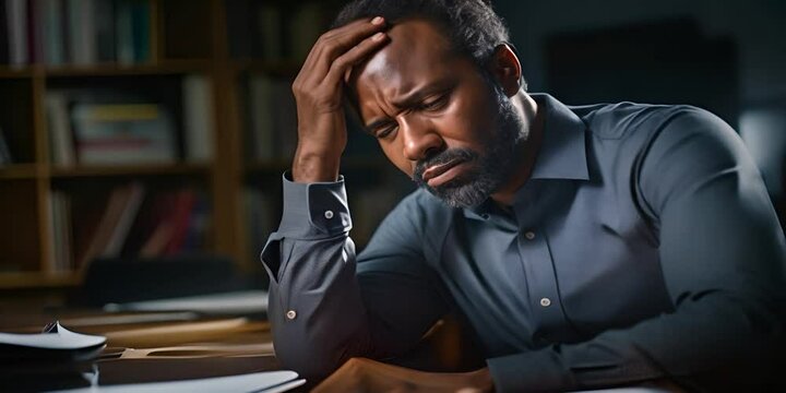 A male businessman with a pained expression holds his head while sitting in the office late at night. The concept of stress, overwork, and deadlines.