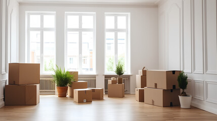 Boxes with things and indoor plants are in an empty bright room, moving.
