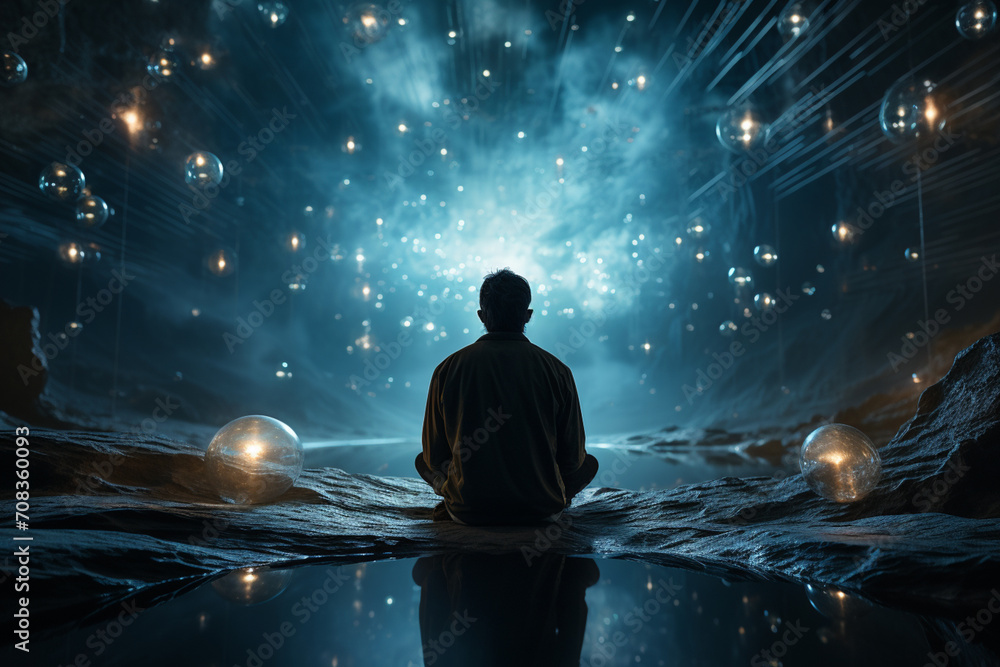 Poster Simplistic design of a person in a meditation pose with a universe backdrop.