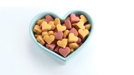 A full bowl of balanced animal food in the shape of a heart.