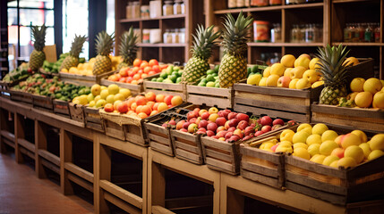 A market with a wide variety and assortment of fresh, vitamin-rich fruits and vegetables on the counter.