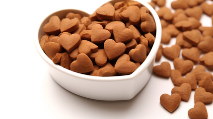 A full bowl of balanced animal food in the shape of a heart.
