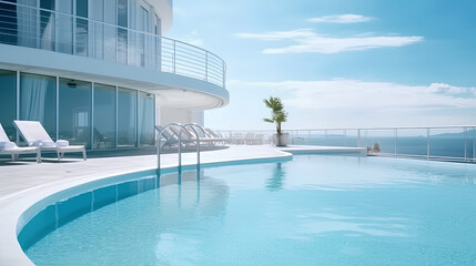 Obraz na płótnie Canvas Modern architecture with a swimming pool. Minimalism, blue sky, 3D rendering.