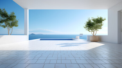 Modern architecture with a swimming pool. Minimalism, blue sky, 3D rendering.