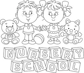 Happy little girl and boy with their funny toy bear and cat at a nursery school, black and white vector cartoon illustration for a coloring book
