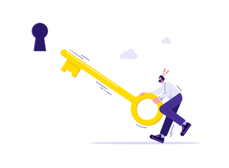 Business career opportunities and motivation concept, businessman try holding up a golden key to opening lock, symbolising success, strength and power