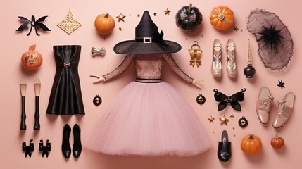 Captivating Halloween Witch Attire for a Little Girl with Festive Items, Candy Corn, and Pumpkins on Soft Pink Backdrop – Perfect Frame for Text or Ad!