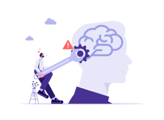 Change mindset or attitude, psychology or brain training to learn new skill to success concept, businessman with wrench to adjust gear cogwheels on human head metaphor of mindset