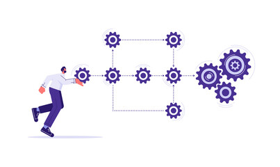 Business process and workflow automation with flowchart, businessman holding gear sign arranging processing management