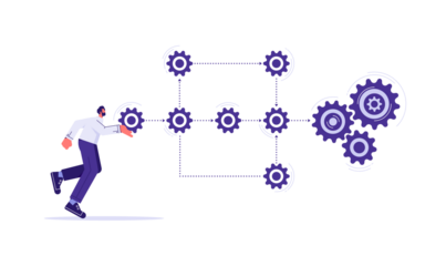 Business process and workflow automation with flowchart, businessman holding gear sign arranging processing management