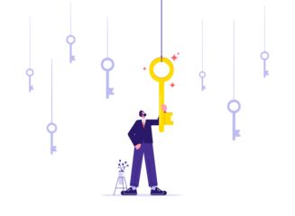 Business career opportunities and motivation concept, businessman try holding up a golden key to opening lock, symbolising success, strength and power