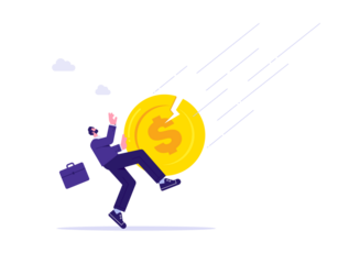 Dollar economic crisis concept, businessman has been crushed by a huge coin with the Dollar symbol.