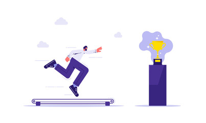 Businessman running on the treadmill trying to achieve success trophy, concept of hopeless effort