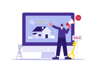 Home brokers announce real estate sale to find buyers, searching for homes, real estate agents selling buildings to customer