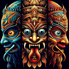 Naklejka premium Sri Lanka Traditional Mask Art - Cultural Masks in Vivid Colors: A Journey into Sri Lanka Traditional Art Style.