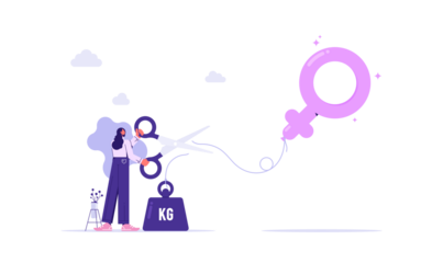 Gender equality freedom concept, woman using scissors to cut gender sign balloon rope from weight, male and female with equal career opportunities, workforce without gender discrimination