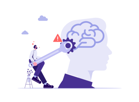 Change mindset or attitude, psychology or brain training to learn new skill to success concept, businessman with wrench to adjust gear cogwheels on human head metaphor of mindset