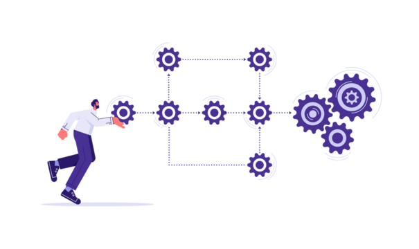 Business process and workflow automation with flowchart, businessman holding gear sign arranging processing management
