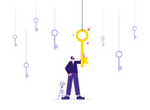 Business career opportunities and motivation concept, businessman try holding up a golden key to opening lock, symbolising success, strength and power