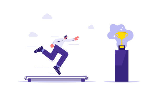 Businessman running on the treadmill trying to achieve success trophy, concept of hopeless effort