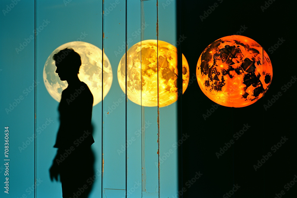 Poster abstract silhouette of a person with the phases of the moon within.