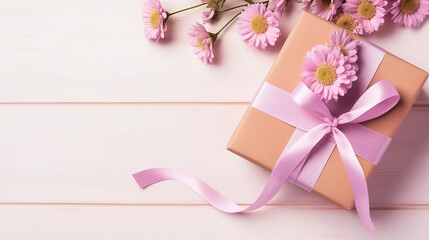 Gift box and bouquet of flowers on light wood background. Top view, space for text.