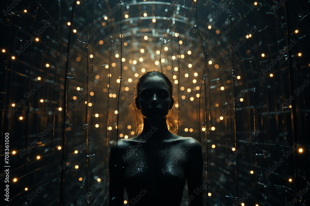 Poster abstract, minimalist human form with a constellation pattern inside.