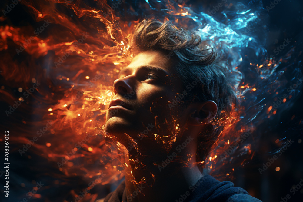 Poster abstract portrayal of a human with swirling galactic elements inside.