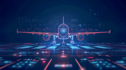 Airplane in holographic for travel and transportation concept on the plot plan drawings line graphic, design for abstract wallpaper and background 