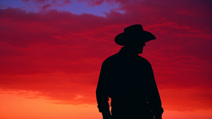 A cowboy silhouette against a backdrop of a minimal, colorful sunset.