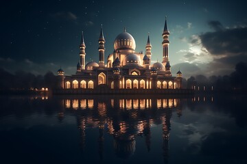 a beautiful mosque at night time