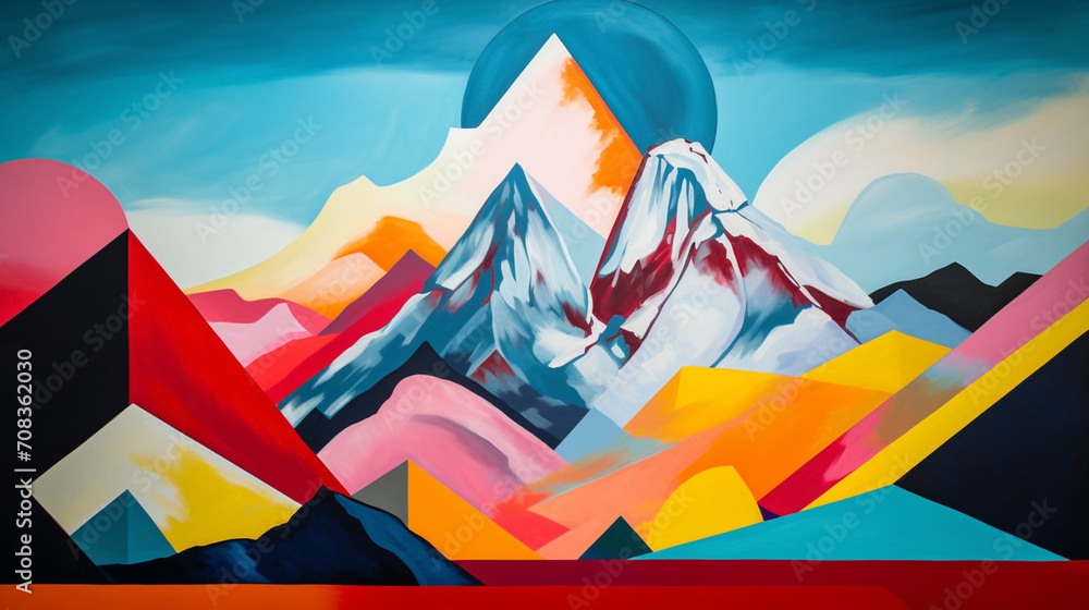 Poster an abstract interpretation of a mountain range with bold color blocks.