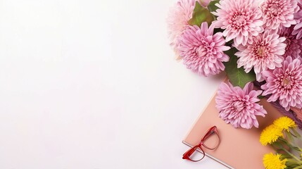 Unique Teacher's Day Celebration: Top-View Image with Chalk, Glasses, Chrysanthemums, and Gift Box on White Backdrop. Ample Space for Text or Promotions.